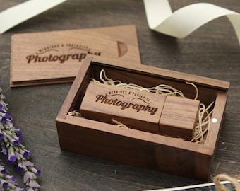 Wooden Walnut USB Box & USB Flash Drive Set- Custom Engraving Included