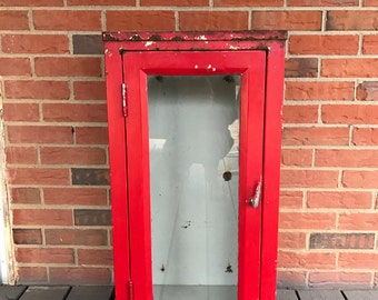 Vintage Fire Extinguisher Metal Cabinet Fire Engine Red and White Industrial Rustic