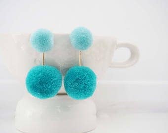 Teal Blue and Gold Pom Pom Earrings