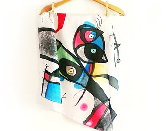 Joan Miro silk scarf hand painted. Square scarf with abstract design. Famous art scarf. Surreal art scarf. Womens christmas gift.