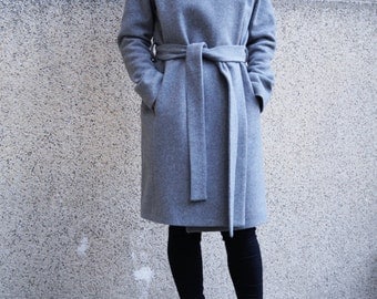 Grey Lined Coat/Cashmere Wool Coat/Winter Coat /Belted coat/XXL Coat/Masculine Coat/Symmetrical Coat/Autumn Winter Coat/Warm Coat/ F1661