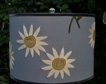 Lampshade, Crewel Fabric, Wedgewood Blue, Large Drum, Wool Embroidery, Table Floor Pendant Lamp, Gray Velvet, Handmade Custom, Gray Ribbon