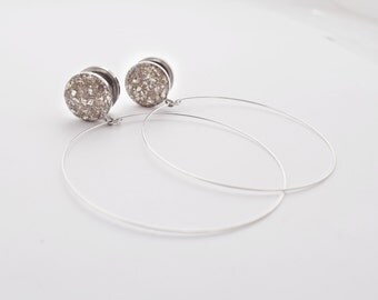 Silver Crushed Glass Hoop Dangle Plugs / 16g, 10g, 8g, 6g, 4g, 2g, 0g, 00g, 7/16, 1/2, 9/16, 5/8, 11/16, 3/4, 7/8, 1 in / Hoop Earrings