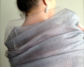 Silver Wedding Shawl, Siver Gray Silk Organza Scarf, Glossy Sheer Bridal Shawl, Bridesmaids Gift, Evening Wrap, Transparent Glamorous Scarf