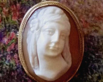 Antique Cameo Brooch Pin Victorian Rare Front Facing High Relief Pendant Hand Carved Shell 800 Silver 1 1/8"