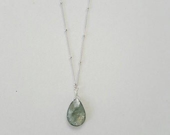 Aquamarine Necklace, Moss Aquamarine, Gemstone Pendant, Satellite Chain Necklace, Sterling Silver