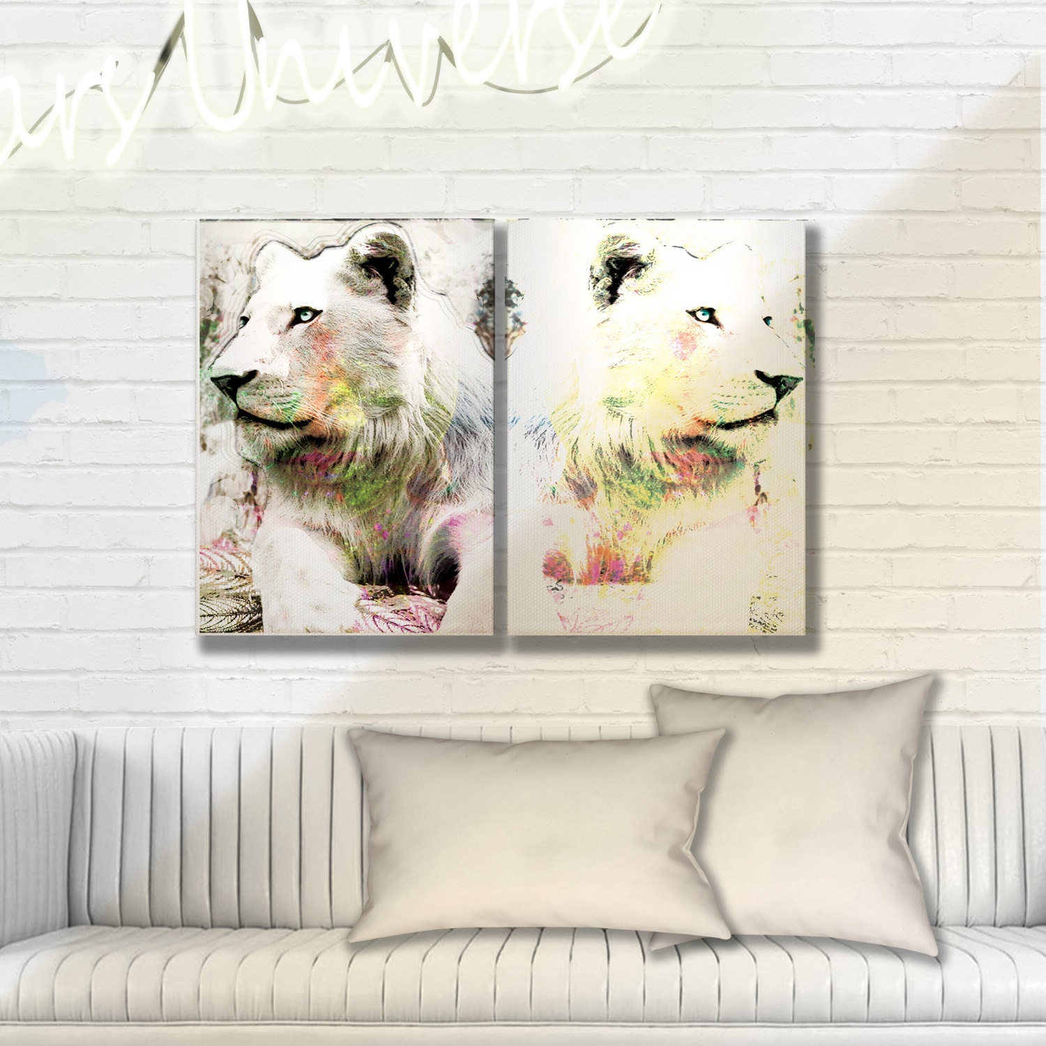 White Rainbow Lions set 2 canvas wall decor ready to hang