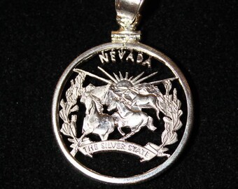 Nevada Quarter Cut Coin Pendant, Horses, Mountains,
