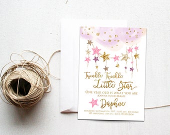 Twinkle Twinkle Little Star Birthday Invitations, One Year Old is What You Are, Girl First Bday, Pink & Gold Invite Printable, 1st Onederful