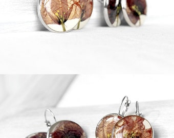 Anniversary gift for wife pressed flower jewelry for mom Large earrings for mother Large round earrings for bride Red poppy jewelry for wife