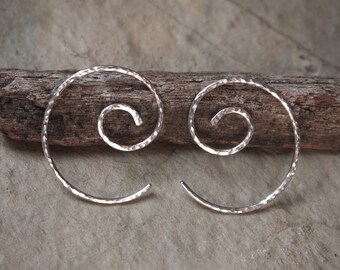 spiral earrings, curl earrings, silver spirals, silver spiral hoop earrings, handmade spiral earrings, hammered silver.