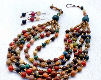 Multi Strand Necklace and Earring Set - Statement Necklace - Colorful Beaded Necklace - Jewelry Set - Gift for Women - Bib Necklace 1091
