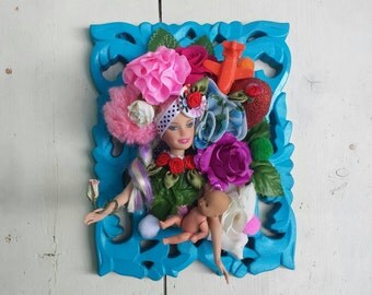 Barbie assemblage, ooak Barbie, Barbie doll, framed wall art, Wall hanging, Floral wall decor, doll assemblage, Mixed media, framed doll art