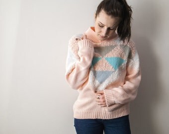 80s Vintage Geometric Sweater, Pastel Pink/ Blue/ Grey, Turtleneck