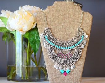 The Sophia silver tribal statement necklace