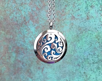 30mm Stainless Steel Essential Oil Diffuser Necklace, Ocean Wave Design, Aromatherapy, Homeopathy, Natural Healing, Silver