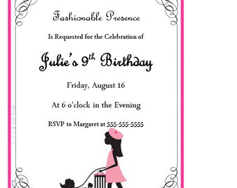 Paris Girl with Poodle Birthday Invitation, Paris Birthday Invitiaton, printable, download, digital file, pdf, French Bday Invite, 5x7