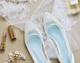 Pearl Wedding Flats with scallop Beading Bridal flats - wedding shoes with 'Something Blue' Bella Belle Hailey