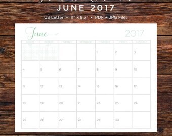 June 2017 Calendar | June 2017 | June | Calendar | Printable Calendar | Printable | Monthly Calendar | 2017 | Instant Download