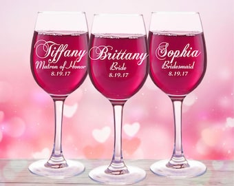 6 Personalized Wine Glasses, Bridesmaids Glass, Custom Name, Bridal Party Favors, Bridesmaid Gift, 11oz Glasses, Bridal Shower Favors