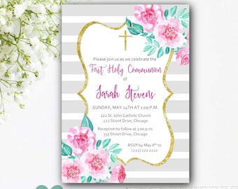 Girl Communion Invitation - Girl First Communion Invitation - Floral Communion Invitation - Flower Watercolor Invitation