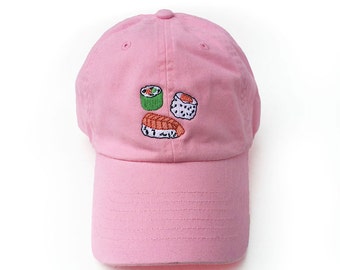 Sushi Rolls Dad Hat, Black Or Pink Adjustable Cotton Baseball Hat, Embroidered Hat, Street Style, Normcore, Sushi Gifts, Food Lover