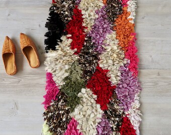 Vintage Moroccan Boucherouite Rug or Wall Hanging Diamond Motif 2' x 3.5'