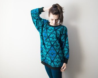 80s Vintage Geometric Sweater, Aqua/ Blue/ Black