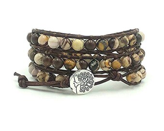 Zebra jasper leather wrap bracelet, beaded wrap bracelet, leather bracelet, gemstone leather wrap bracelet, tree of life boho bracelet
