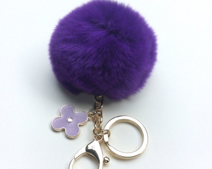 Deep Purple fur pom pom keychain REX Rabbit fur pom pom ball with flower bag charm