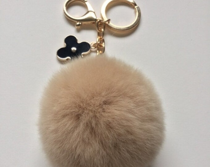 Beige fur pom pom keychain REX Rabbit fur pom pom ball with flower bag charm