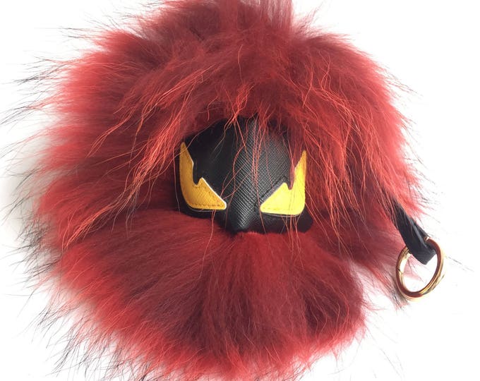 Red Monster Keychain Fur Pom Pom Chain Ball Bobble Key Ring Bag Pendant Charm with Strap and Metal Buckle - Real Fur