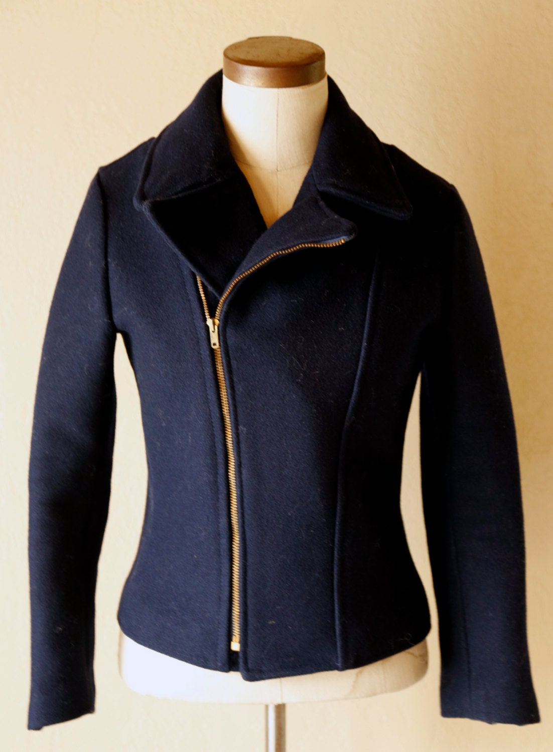 Vintage womens medium 70s wool motorcycle jacket navy blue
