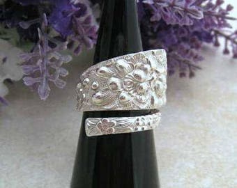 Sterling Silver SPOON RING Floral Bypass Wrap Spiral ring, Gift for Her, Custom size, upcycled from 1930s vintage spoon (Stieff Rose).