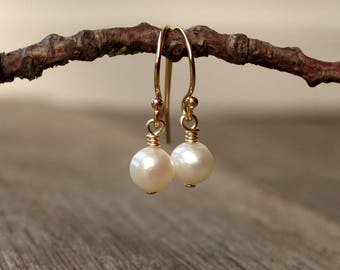 Tiny pearl drop earrings, 14K gold filled, sterling silver drop earrings, wedding jewelry, bridesmaid gift, bridal earrings, everyday
