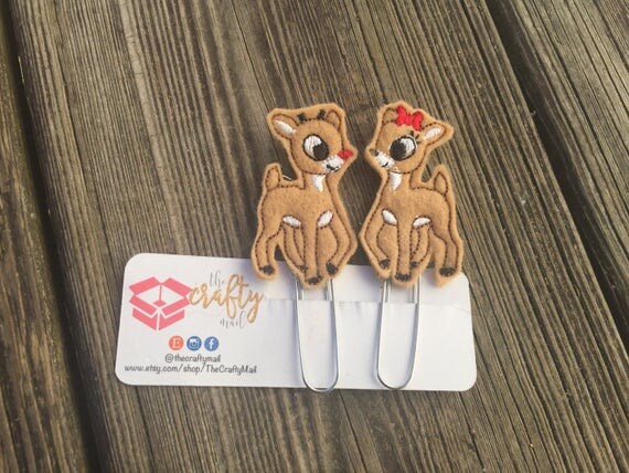 Rudolph & Clarice Reindeer Planner Clip/Paper Clip/Feltie Clip. Christmas planner clips. Your choice of design