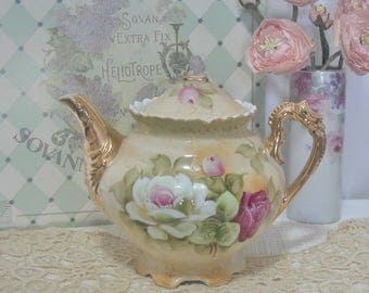 Lefton China Teapot, Hand Painted Burgandy, White, Pink Roses, No Lid, Cottage, Shabby Chic