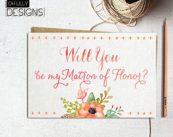Matron of Honor Proposal, Will you be my matron of honor Card, Floral Proposal Card, Floral matron of honor Card