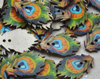Peacock Feather Wooden Buttons - Sewing Events feathers Wood Scrapbooking Embellishment