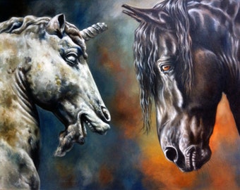 Ancient Tableau: Black Warrior oil painting of an Friesian Horse by Canadian Artist Kindrie Grove