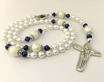 White Blue Rosary. Miraculous Medal Rosary. Schoenstatt Cross. White and Blue Catholic Rosary. Catholic Gift. Mothers Gift. #R113