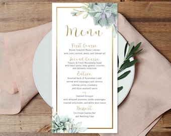 Succulent Menu Card / Wedding Menu / Greenery and Gold Geometric / Green Cactus and Gold Calligraphy ▷ Printable File {or} Printed & Shipped