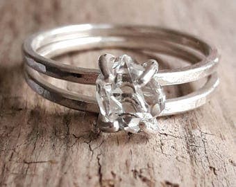 herkimer diamond and sterling silver ring set silver wedding ring set quartz crystal bridal - Bohemian Wedding Rings herkimer diamond and sterling silver ring set silver wedding ring set quartz crystal bridal - Bohemian Wedding Rings