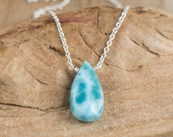 Genuine Larimar Necklace in Gold or Silver, Natural Dominican Larimar Tear Drop Pendant, Caribbean Blue Minimalistic Real Larimar Jewellery