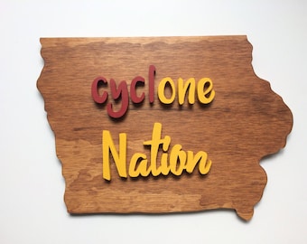 IOWA state Cyclones / Iowa Shaped Cutout, Wood Sign Wall Hanging Decor ISU, CycONE Nation