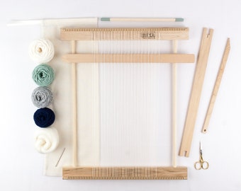 14" Beginners Frame Loom Weaving Kit / Everything you need to make your own woven wall hanging / Moss and Navy