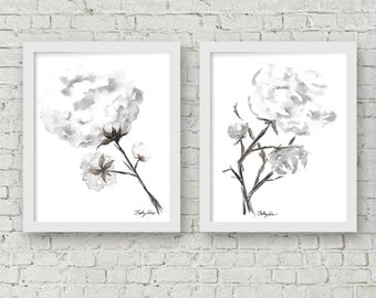 GICLEE PRINTS, Set of Two, Cotton Stems, Cotton Boll, Cotton Plant Watercolor Print, Print for Sale, Austin, Texas