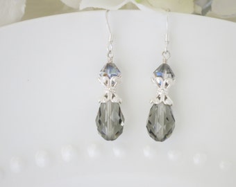 Swarovski black diamond crystal earring, Gray crystal teardrop bridal earring, Crystal and sterling silver wedding earring