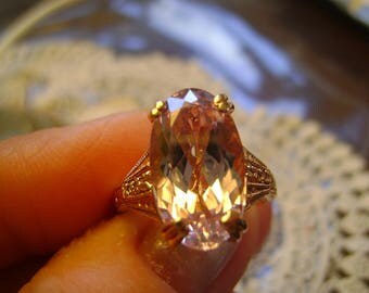 ART NOUVEAU Kunzite & Diamond Millegrain Ring 14ct Rose Gold - N 1/2 - Generations 1912- Installments available