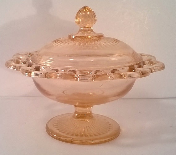 Laced Edge Pedestal Pink Depression Glass Candy Dish With Lid